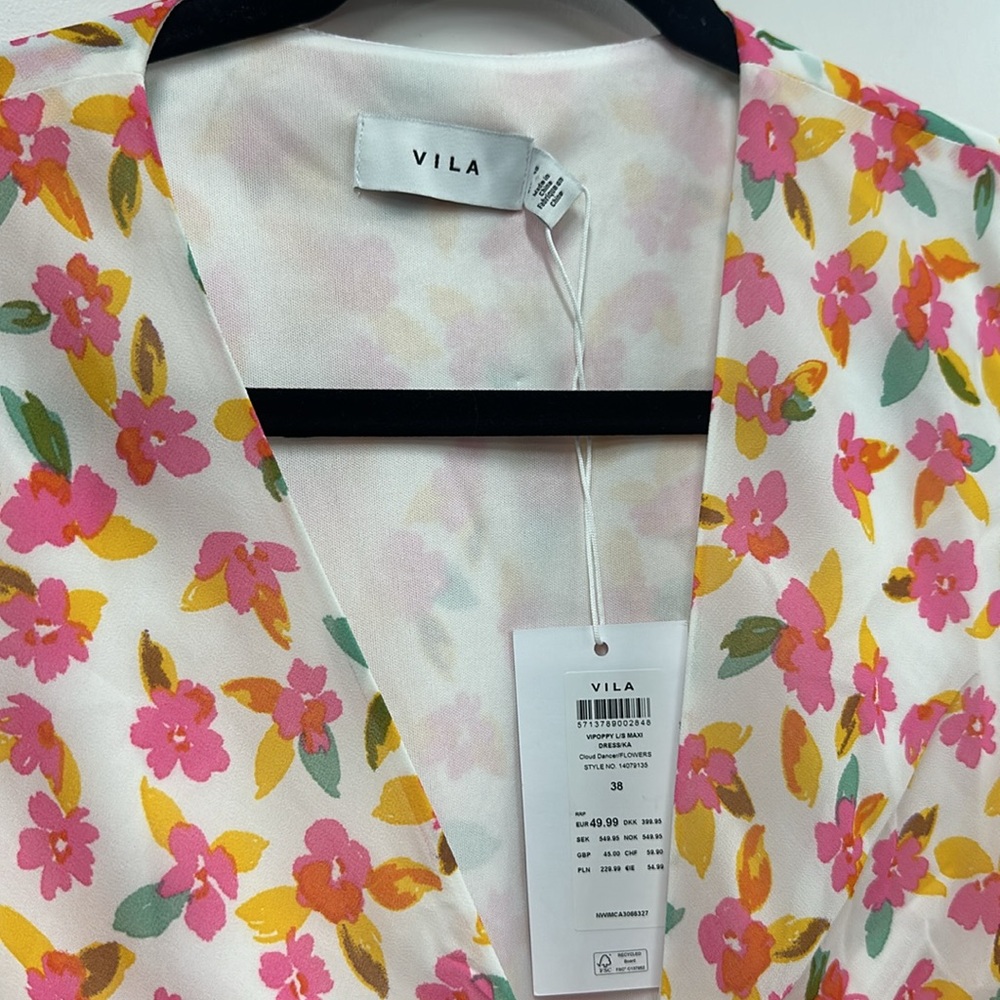 Vila maxi dress with fluted sleeves in floral print pink white 38  US6 - Picture 5 of 9